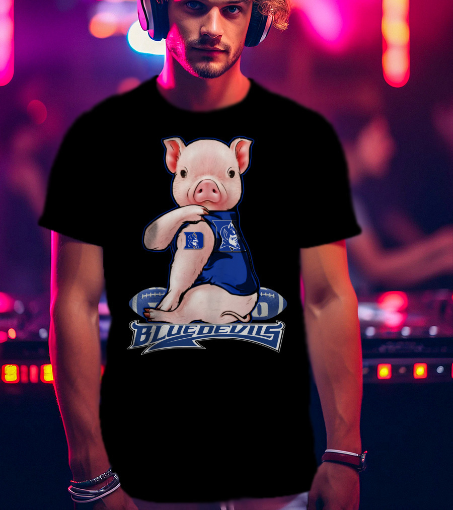 Pig Wearing Duke Blue Devils Jersey With Football Background T-Shirt