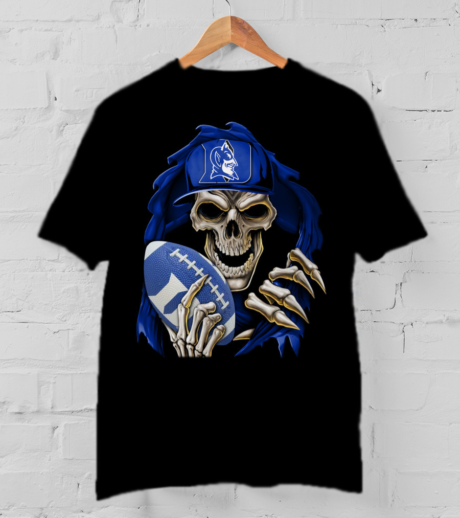 Duke Blue Devils Skull With Football And Logo Hat T-Shirt