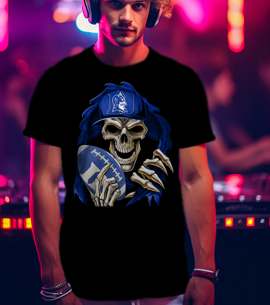 Duke Blue Devils Skull With Football And Logo Hat T-Shirt