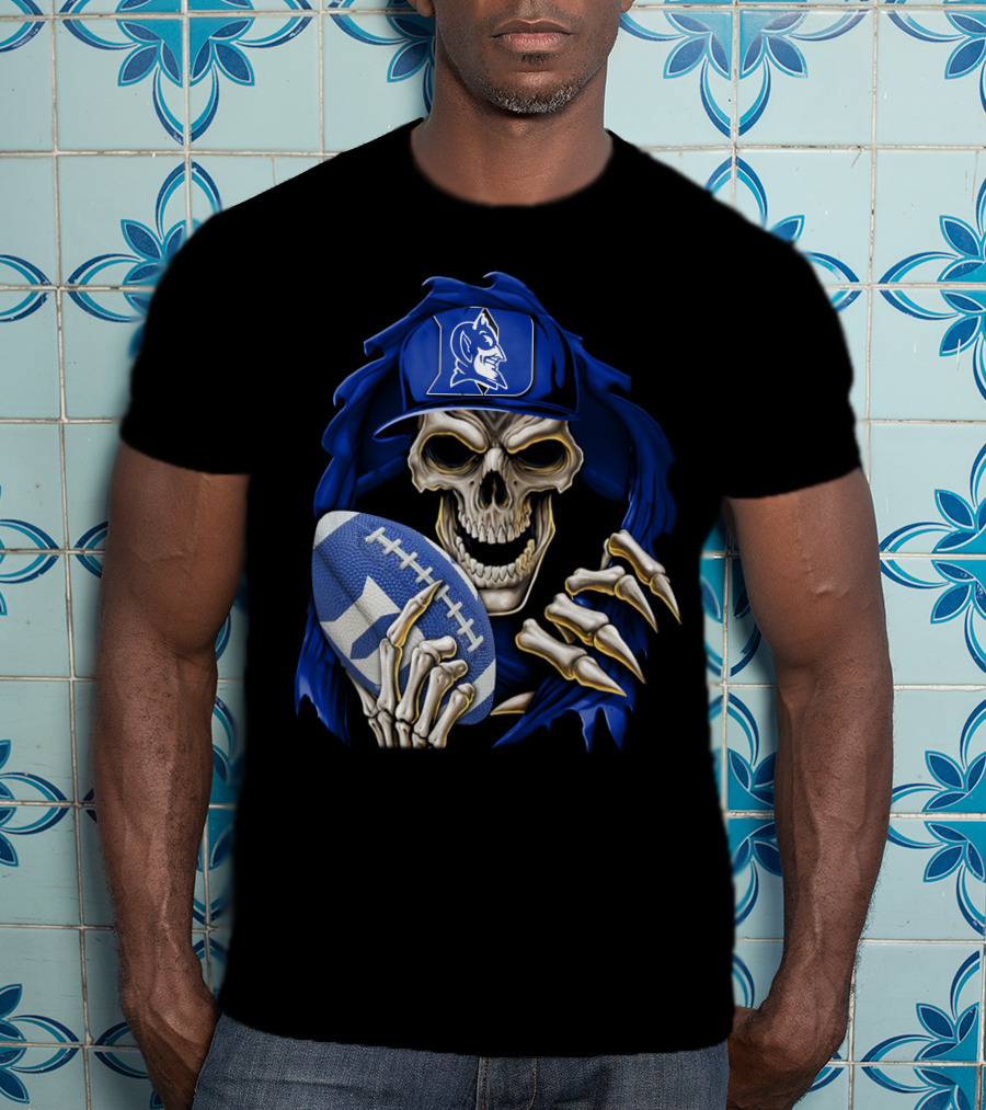 Duke Blue Devils Skull With Football And Logo Hat T-Shirt