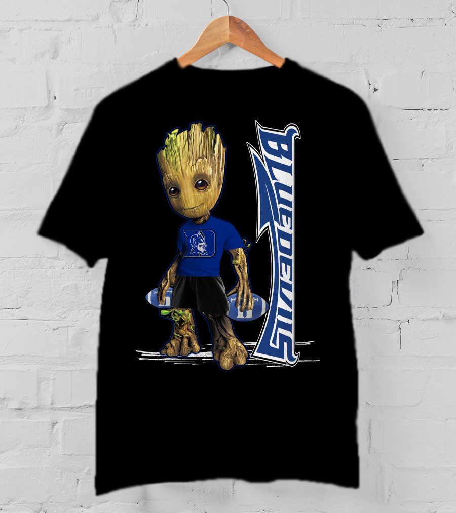 Groot Wearing Duke Blue Devils Shirt With Blue Devils Logo And Football T-Shirt