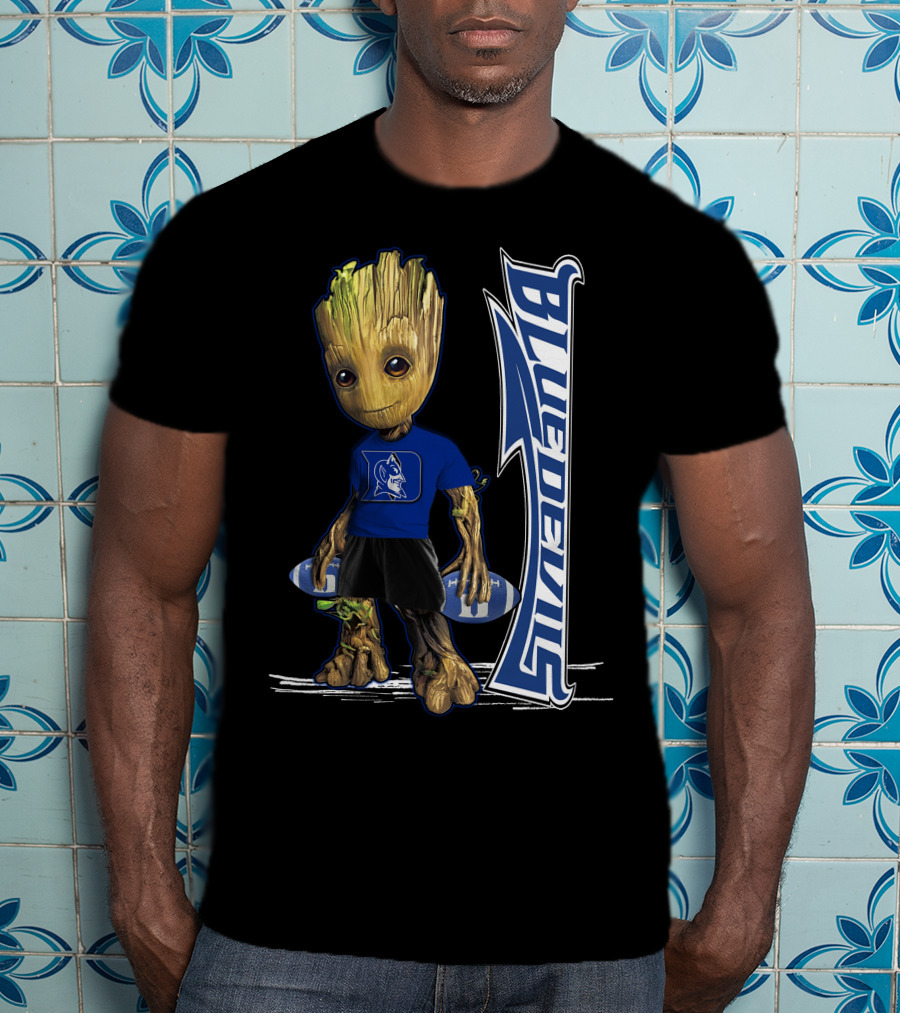 Groot Wearing Duke Blue Devils Shirt With Blue Devils Logo And Football T-Shirt
