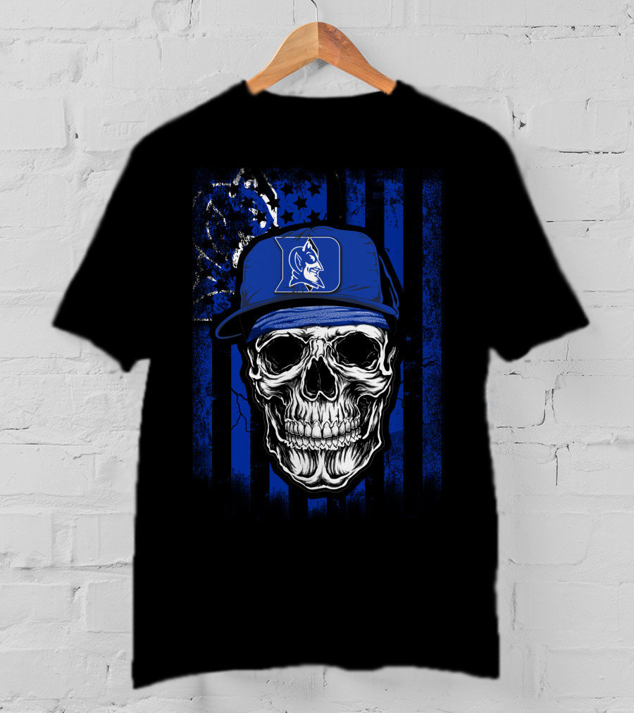 Skull With Duke Blue Devils Cap And American Flag Background T-Shirt