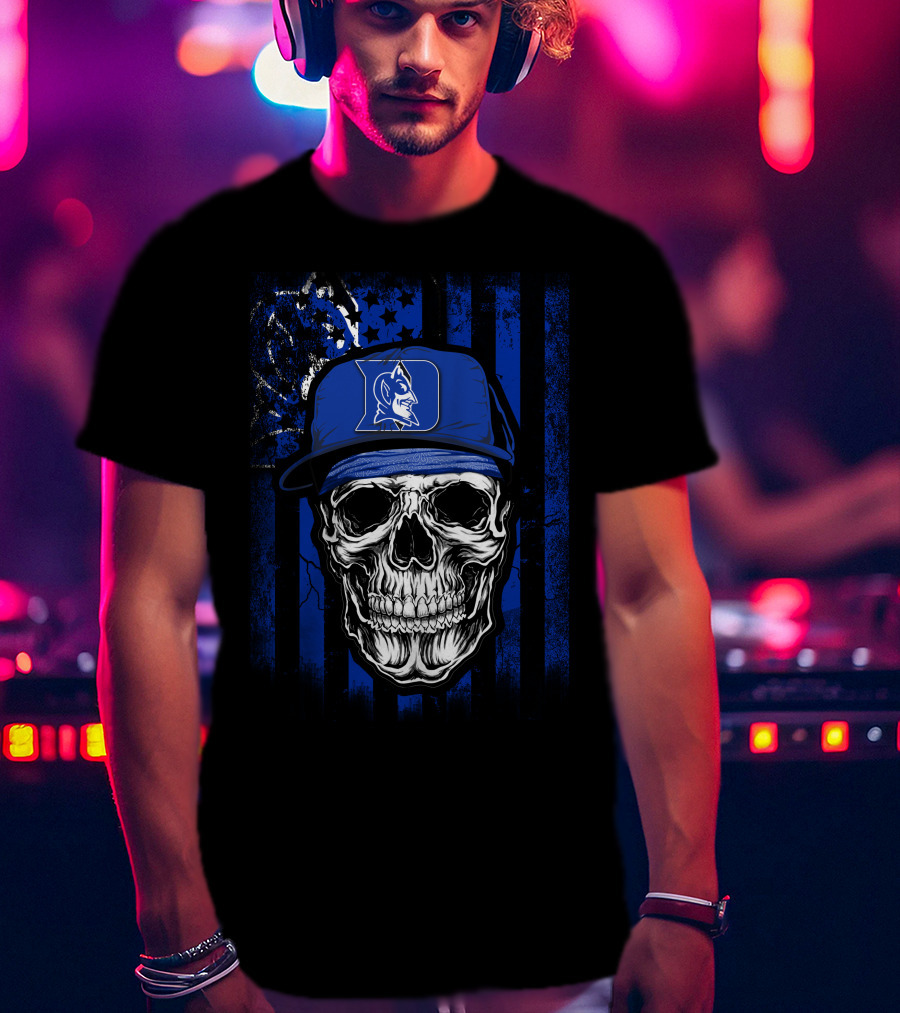Skull With Duke Blue Devils Cap And American Flag Background T-Shirt
