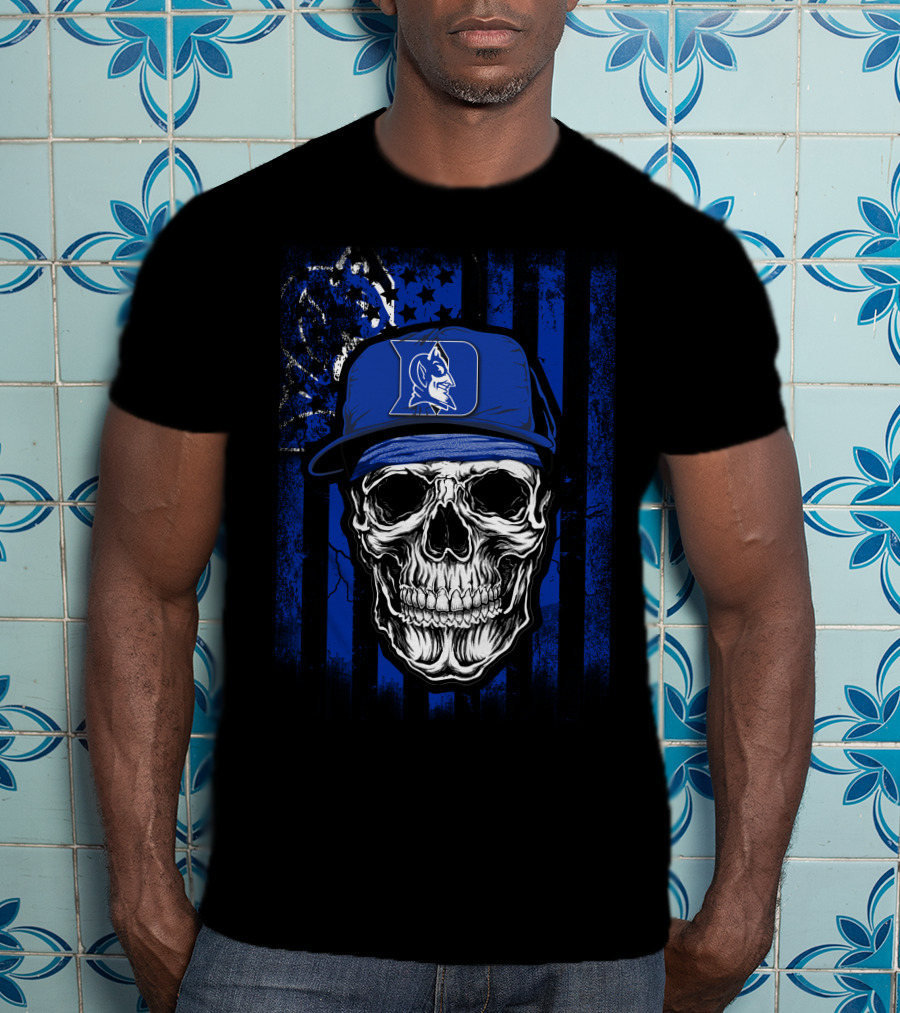 Skull With Duke Blue Devils Cap And American Flag Background T-Shirt