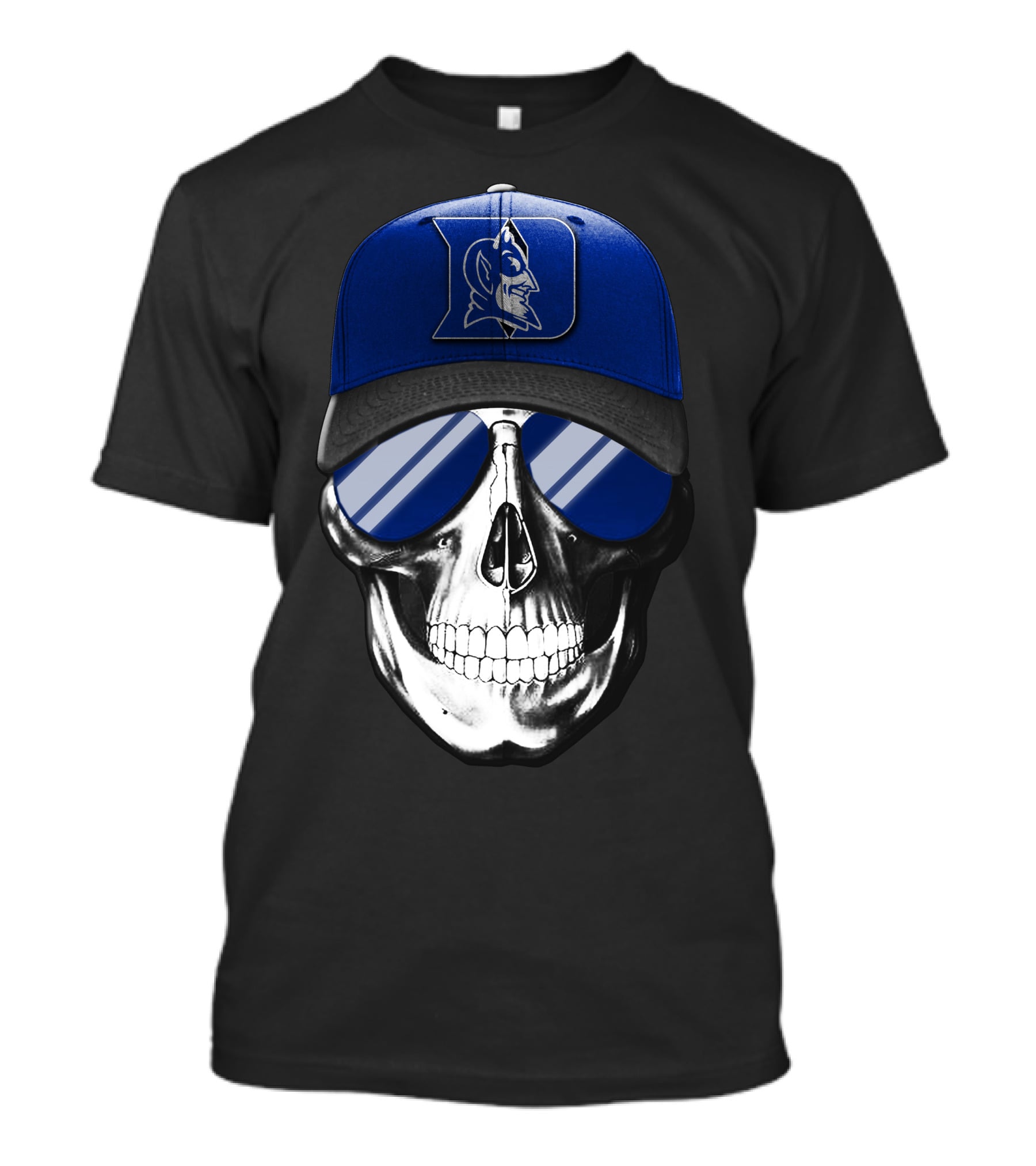 Skull Wearing Duke Blue Devils Logo Hat And Sunglasses T-Shirt