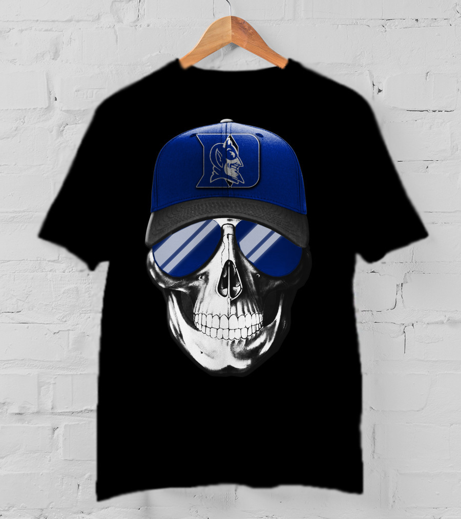 Skull Wearing Duke Blue Devils Logo Hat And Sunglasses T-Shirt