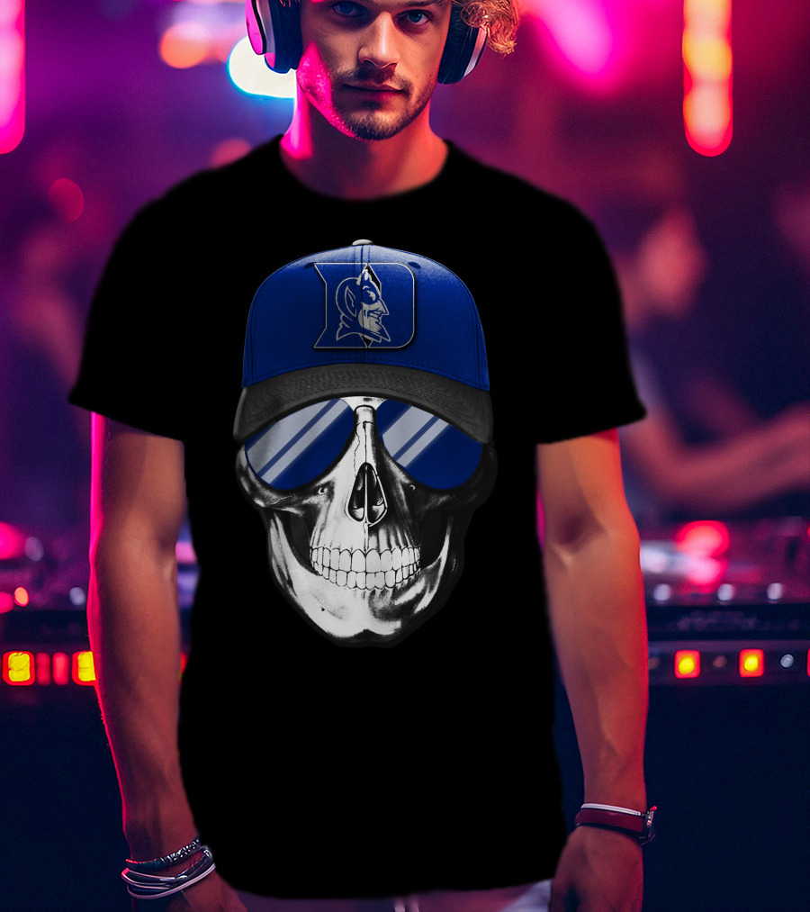 Skull Wearing Duke Blue Devils Logo Hat And Sunglasses T-Shirt
