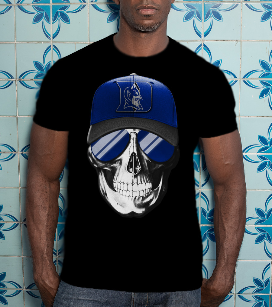 Skull Wearing Duke Blue Devils Logo Hat And Sunglasses T-Shirt