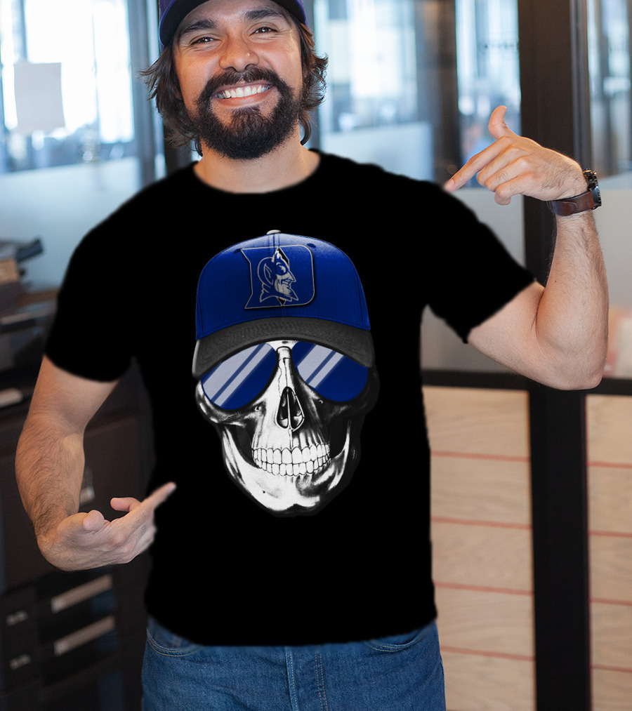Skull Wearing Duke Blue Devils Logo Hat And Sunglasses T-Shirt