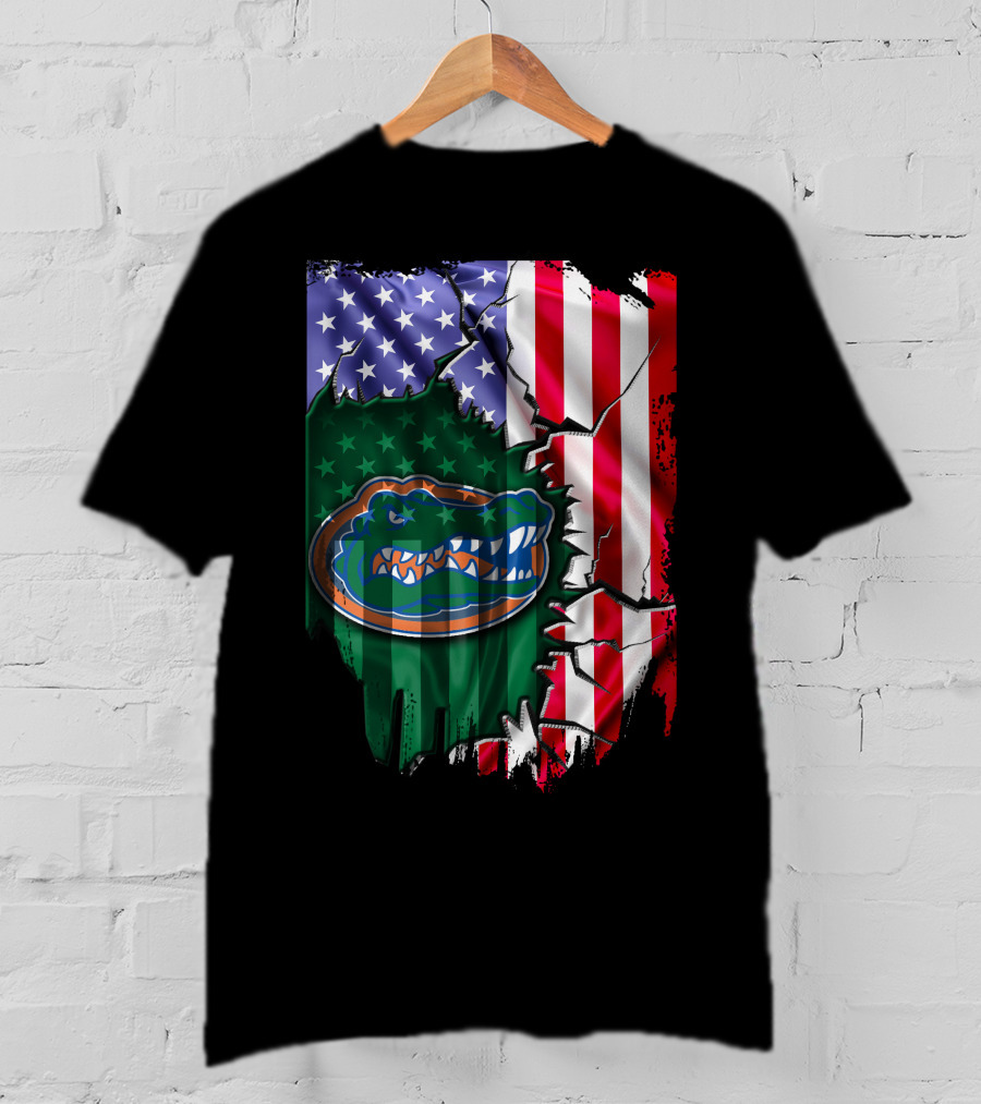 United States Flag Ripped With Florida Gators T-Shirt