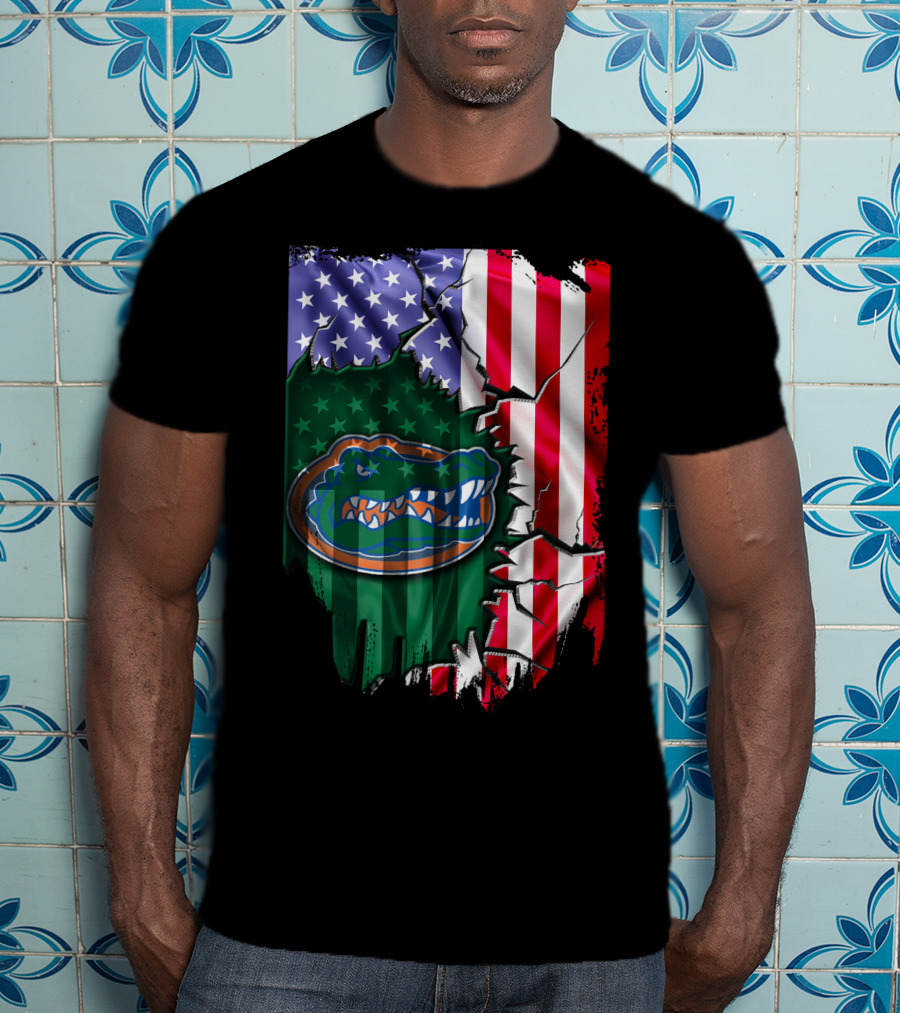 United States Flag Ripped With Florida Gators T-Shirt