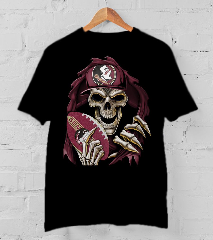 Skullbong Florida State Seminoles Skeleton Holding Football T-Shirt