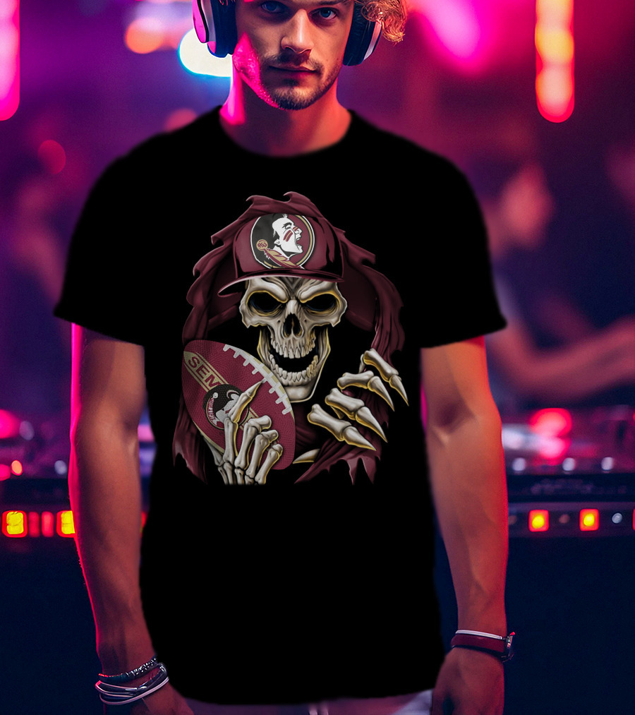 Skullbong Florida State Seminoles Skeleton Holding Football T-Shirt