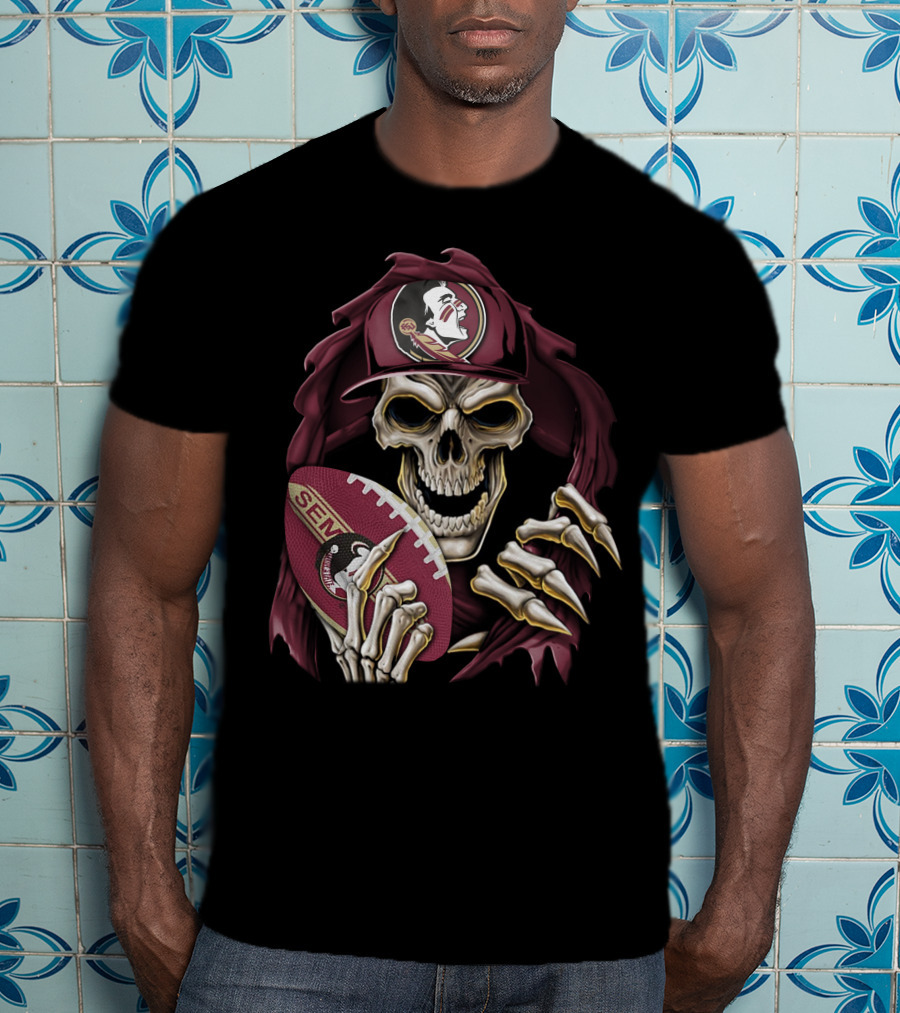 Skullbong Florida State Seminoles Skeleton Holding Football T-Shirt