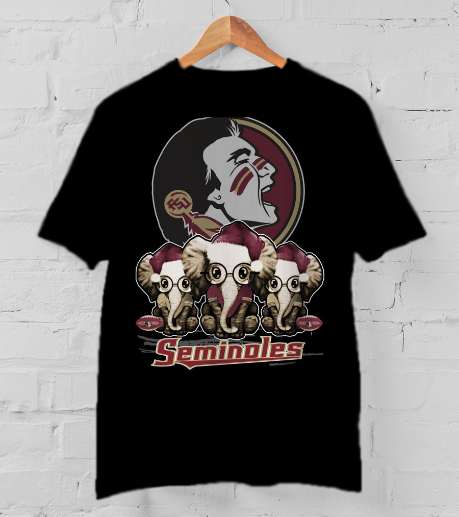 Seminoles Florida State Xmas Elephan With Santa Hats And Eyeglasses T-Shirt