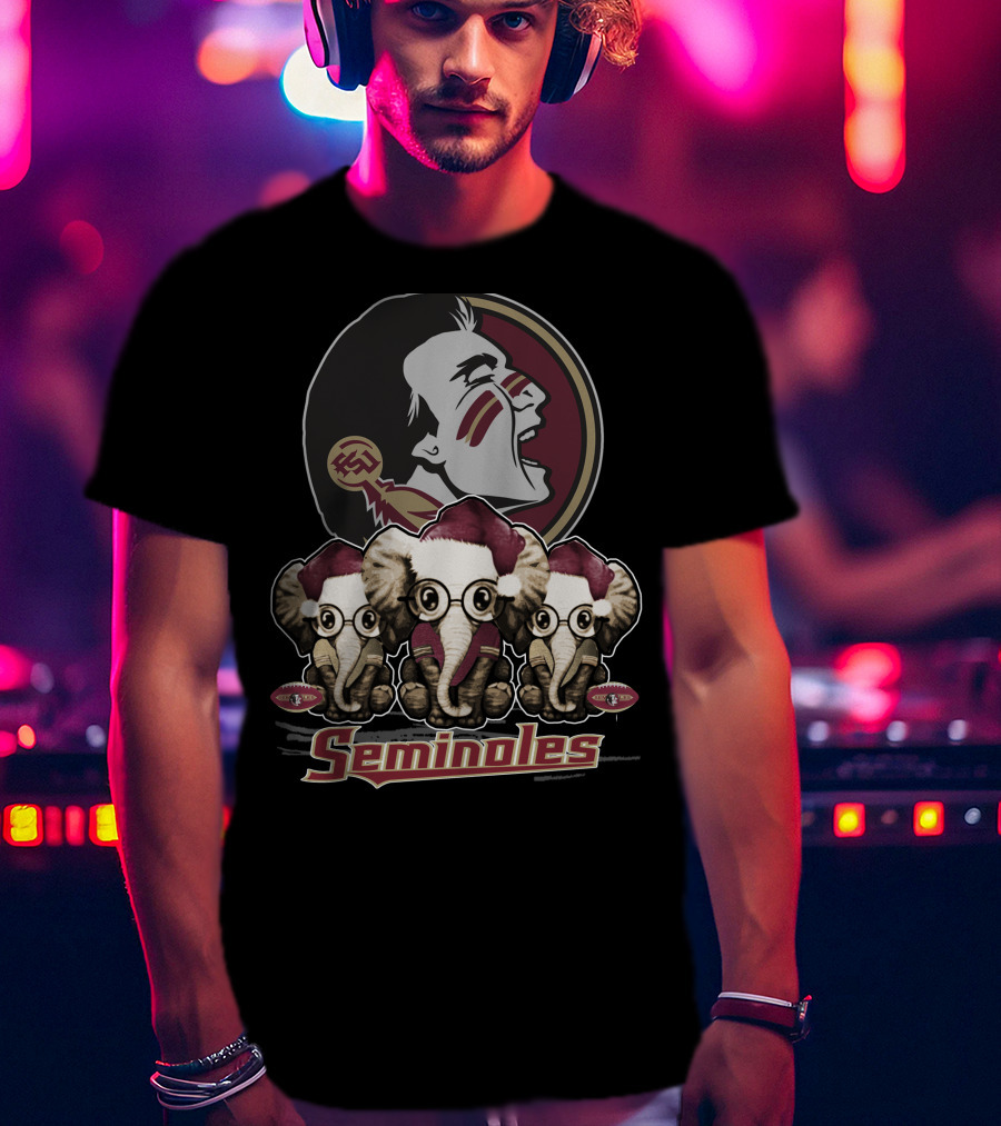 Seminoles Florida State Xmas Elephan With Santa Hats And Eyeglasses T-Shirt