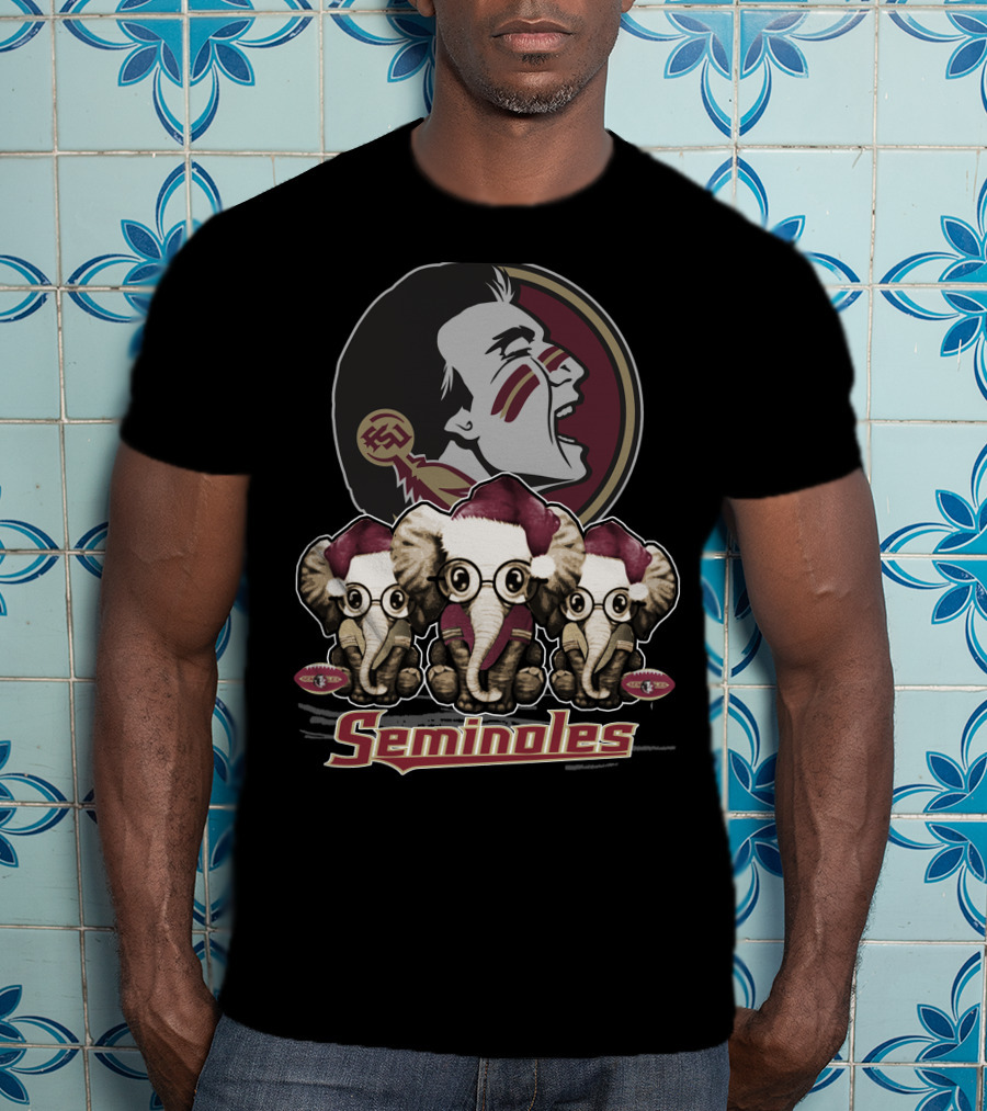 Seminoles Florida State Xmas Elephan With Santa Hats And Eyeglasses T-Shirt
