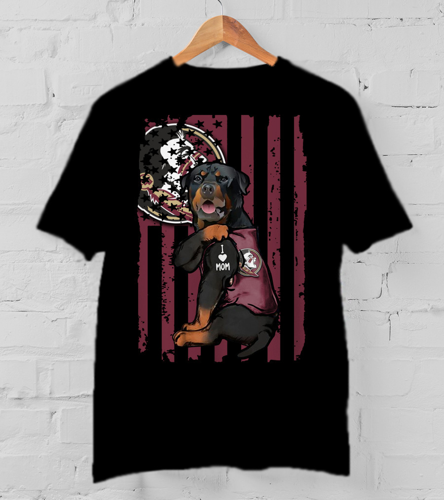 Rottweiler I Heart Mom Florida State Seminoles Dog With Logo And Flag Background T-Shirt