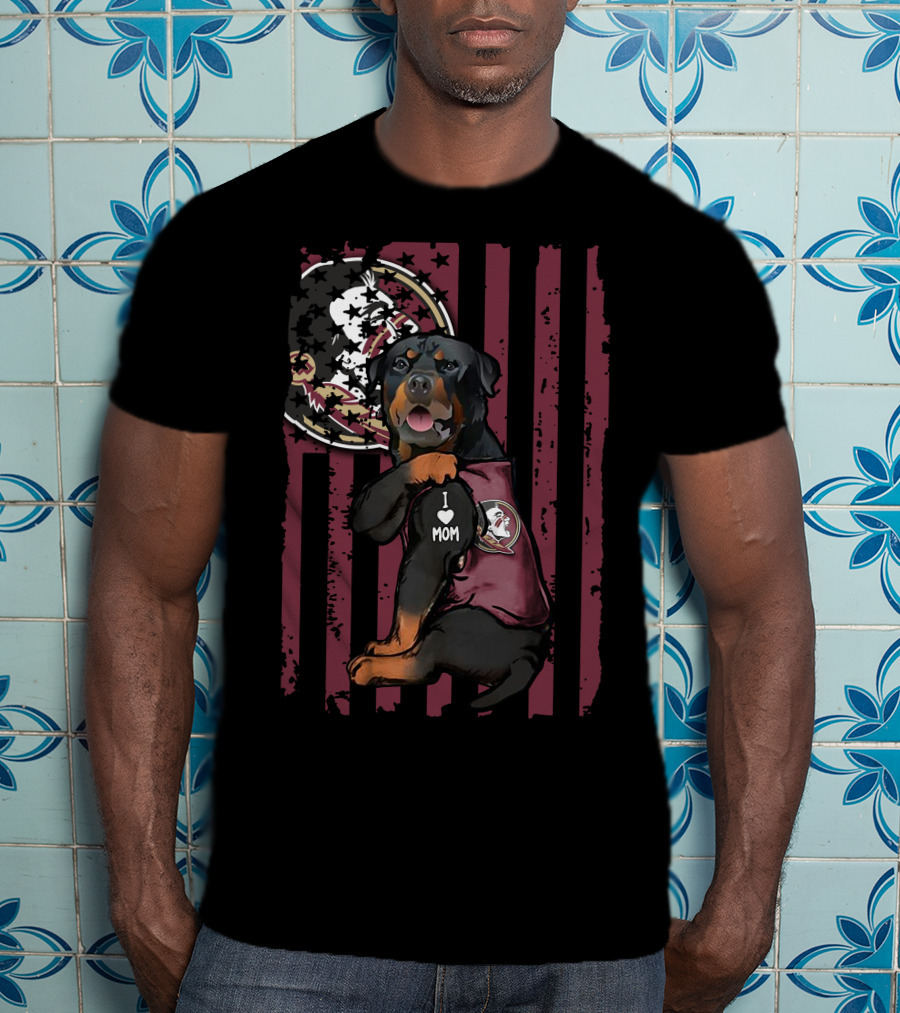 Rottweiler I Heart Mom Florida State Seminoles Dog With Logo And Flag Background T-Shirt