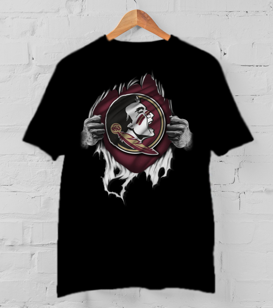 Torn Florida State Seminoles Ripped Logo Hands T-Shirt