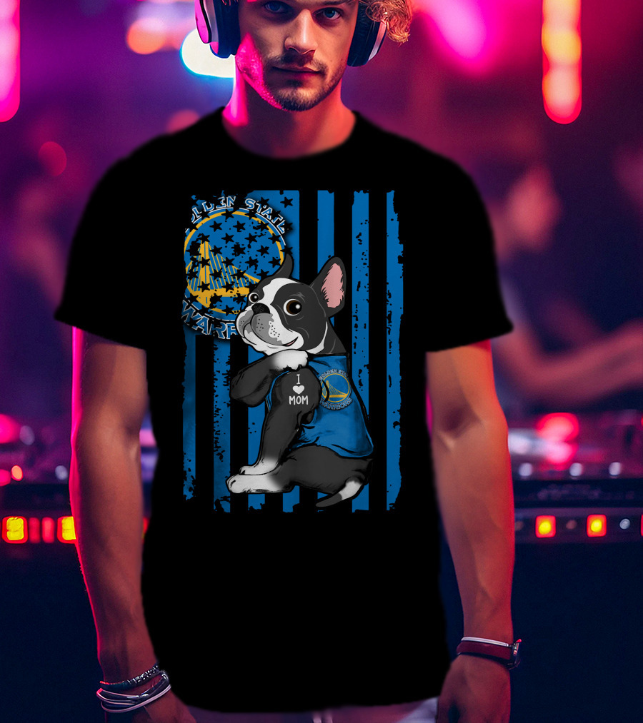 Boston Terrier Golden State Warriors Fan Dog Blue And Gold Basketball Theme T-Shirt