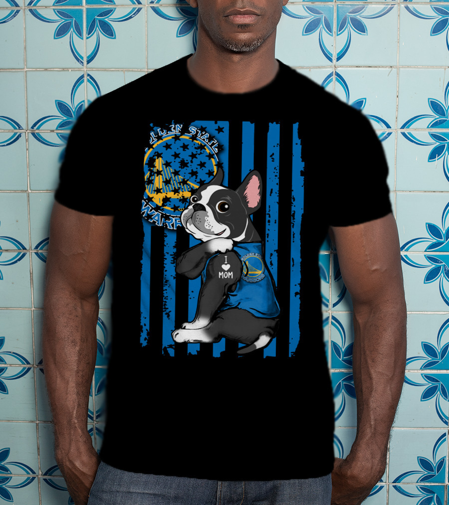 Boston Terrier Golden State Warriors Fan Dog Blue And Gold Basketball Theme T-Shirt