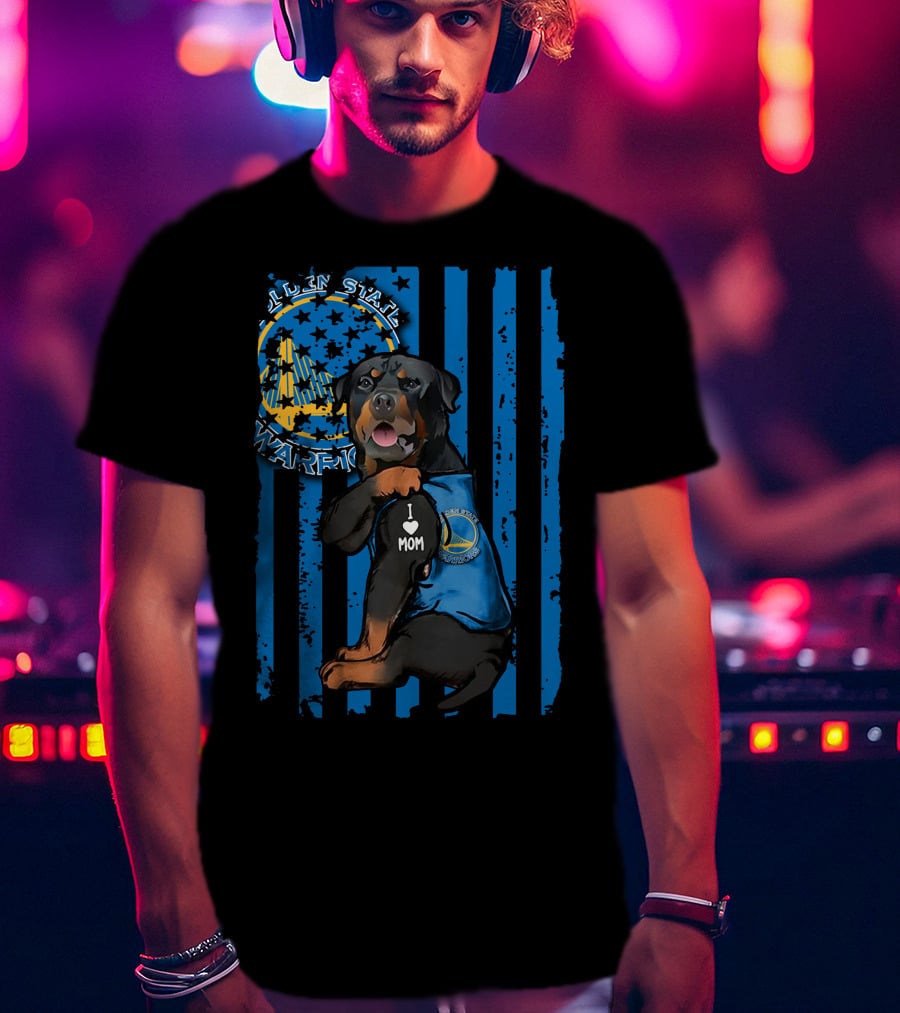 Golden State Warriors Rottweiler I Love Mom Blue Flag T-Shirt