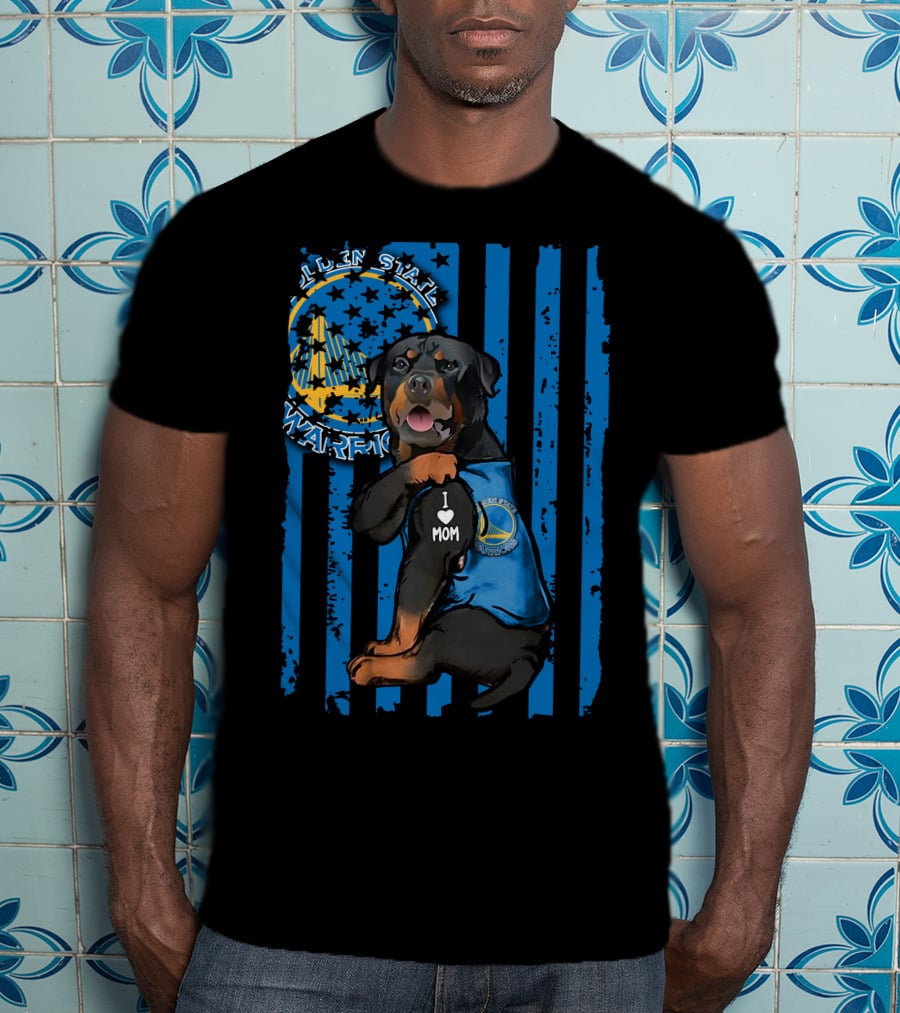 Golden State Warriors Rottweiler I Love Mom Blue Flag T-Shirt