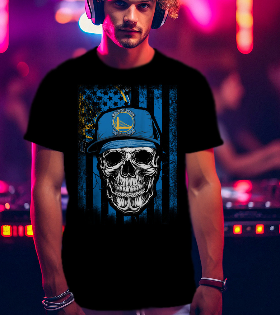 Golden State Warriors Skull V1 Blue Cap And Stars Stripes T-Shirt