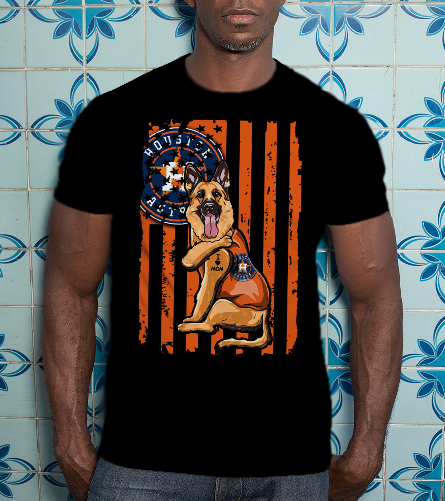Houston Astros I Love Mom German Shepherd Patriotic Flag T-Shirt