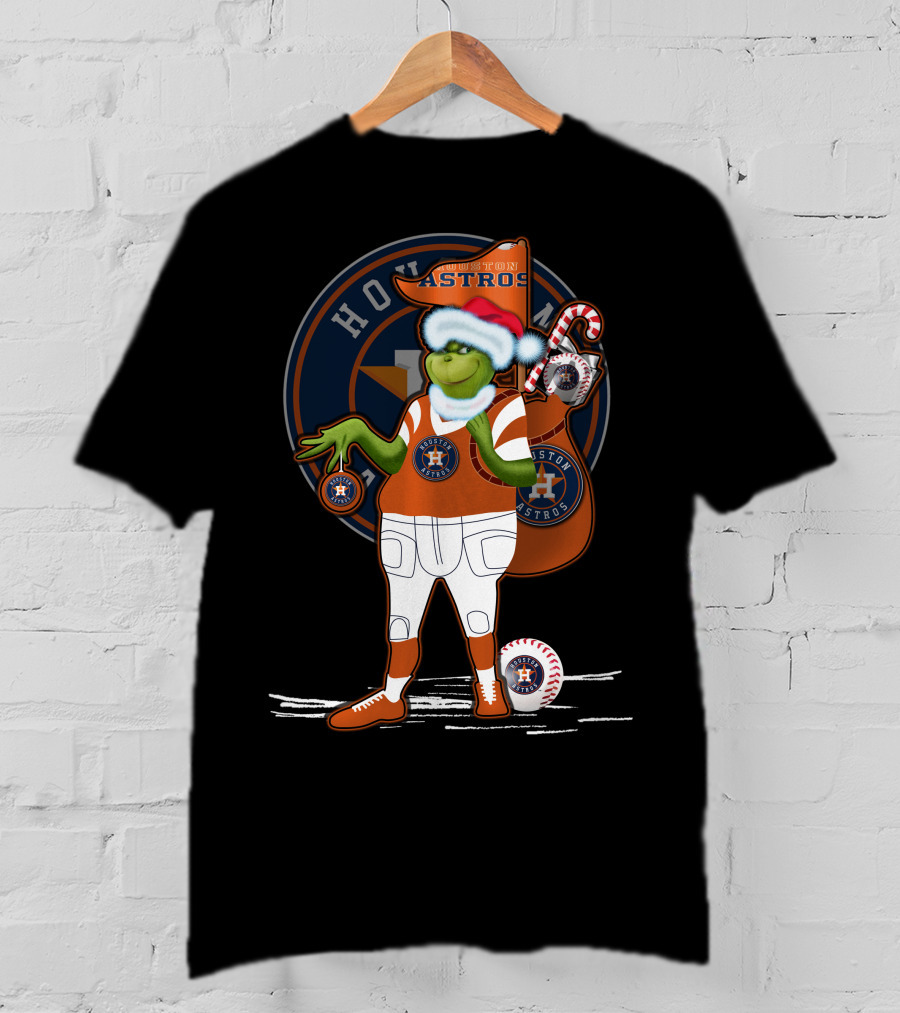 Grinchxmas Houston Astros Santa Hat Baseball Player With Logo And Candy Cane Sack T-Shirt