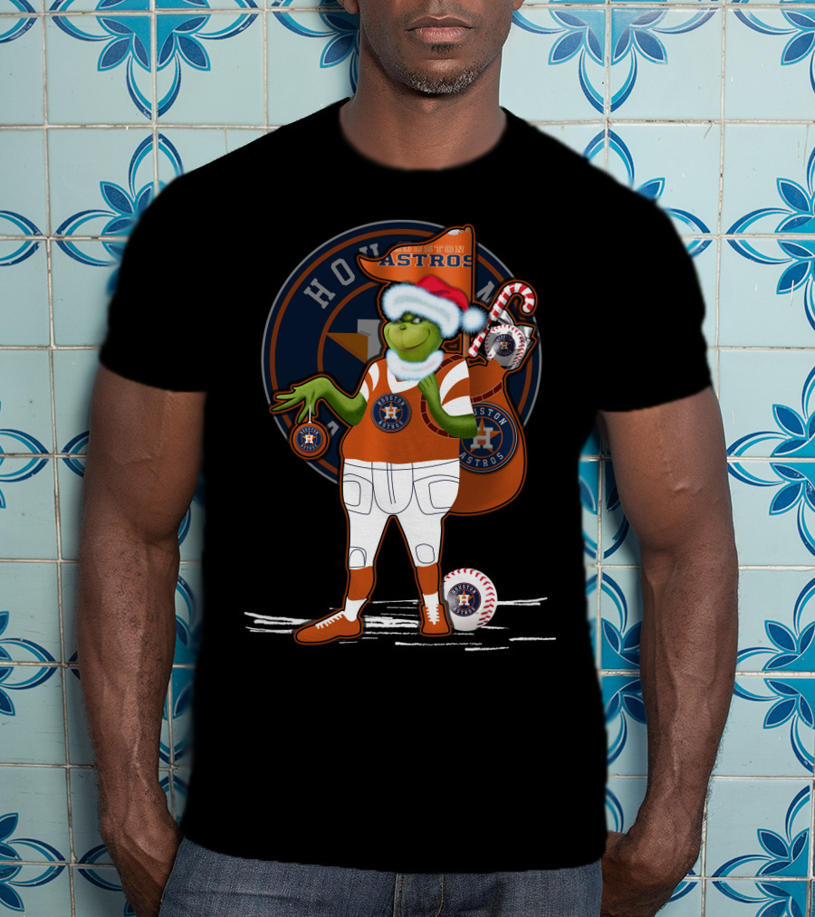 Grinchxmas Houston Astros Santa Hat Baseball Player With Logo And Candy Cane Sack T-Shirt