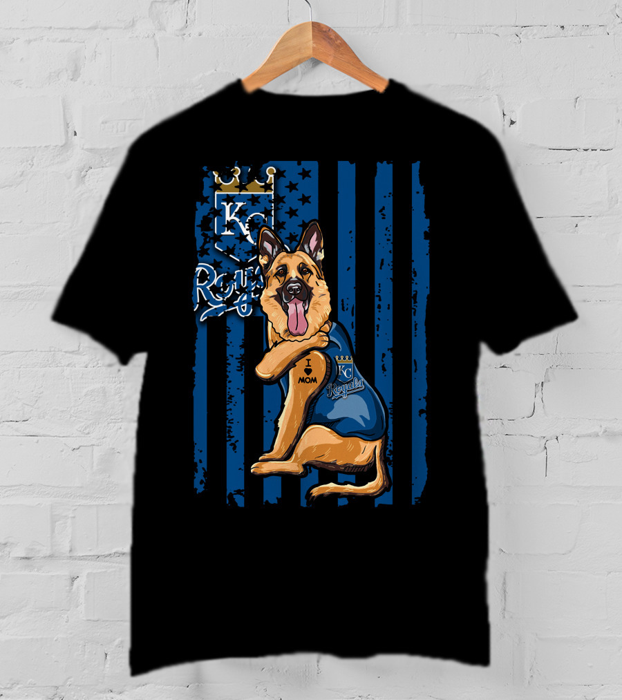 KC Royals German Shepherd Fan With I Love Mom Tattoo T-Shirt