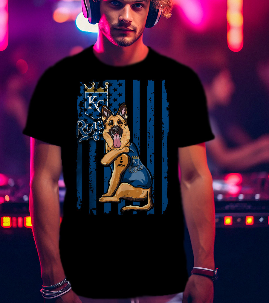 KC Royals German Shepherd Fan With I Love Mom Tattoo T-Shirt