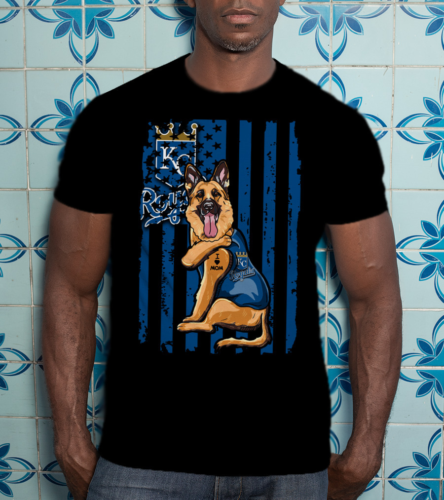 KC Royals German Shepherd Fan With I Love Mom Tattoo T-Shirt