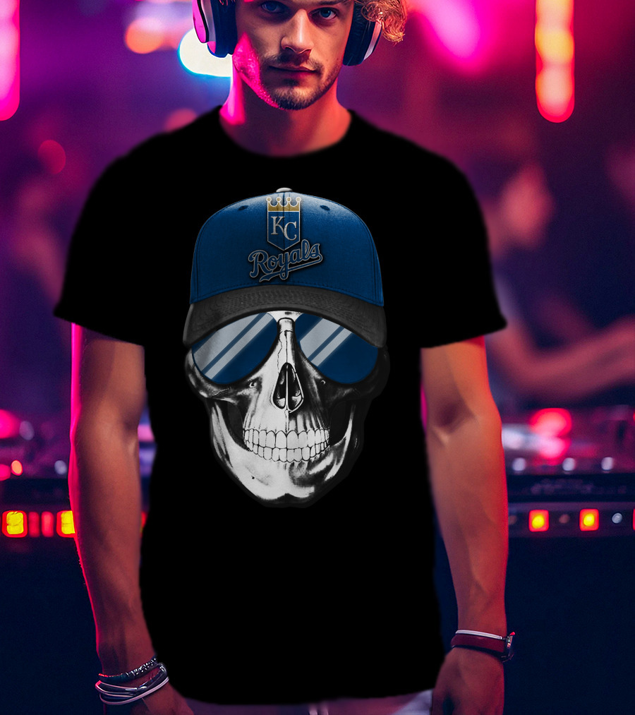 Skull With Kansas City Royals Baseball Cap And Sunglasses T-Shirt