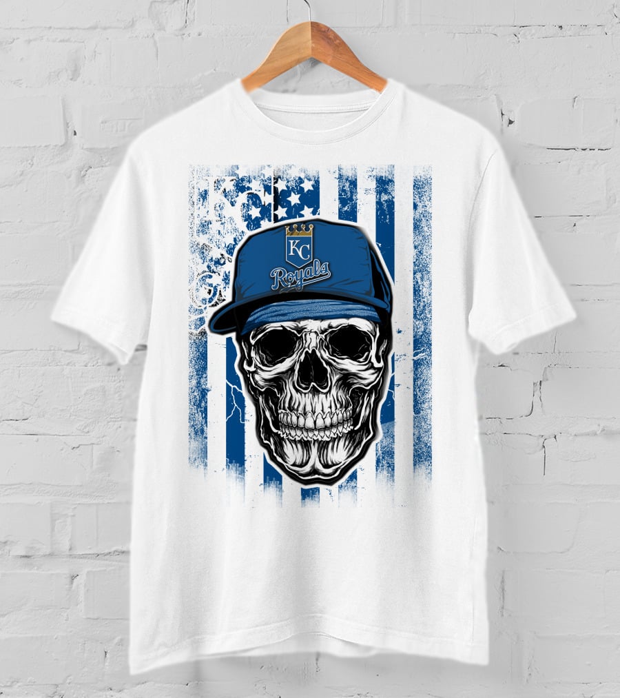Kansas City Royals Skull With Blue Hat And Crown Symbol On T-Shirt