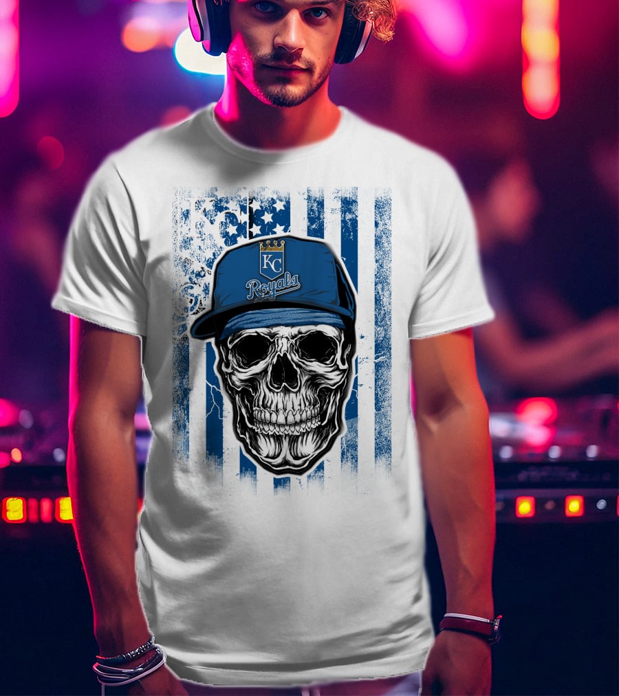 Kansas City Royals Skull With Blue Hat And Crown Symbol On T-Shirt