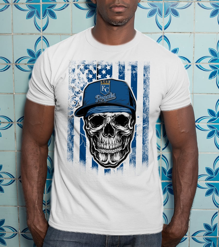 Kansas City Royals Skull With Blue Hat And Crown Symbol On T-Shirt
