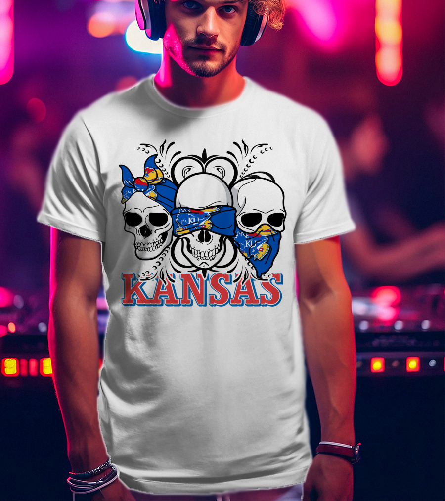 Kansas Jayhawks Skulls Bandana T-Shirt