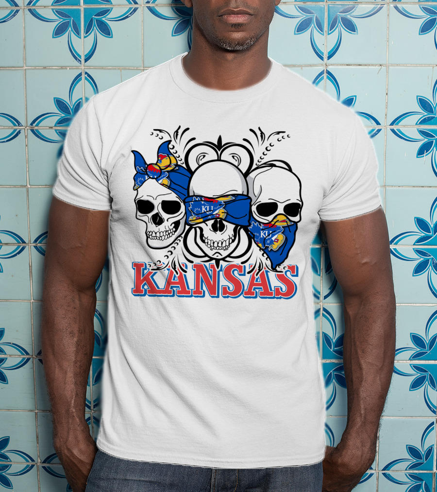 Kansas Jayhawks Skulls Bandana T-Shirt