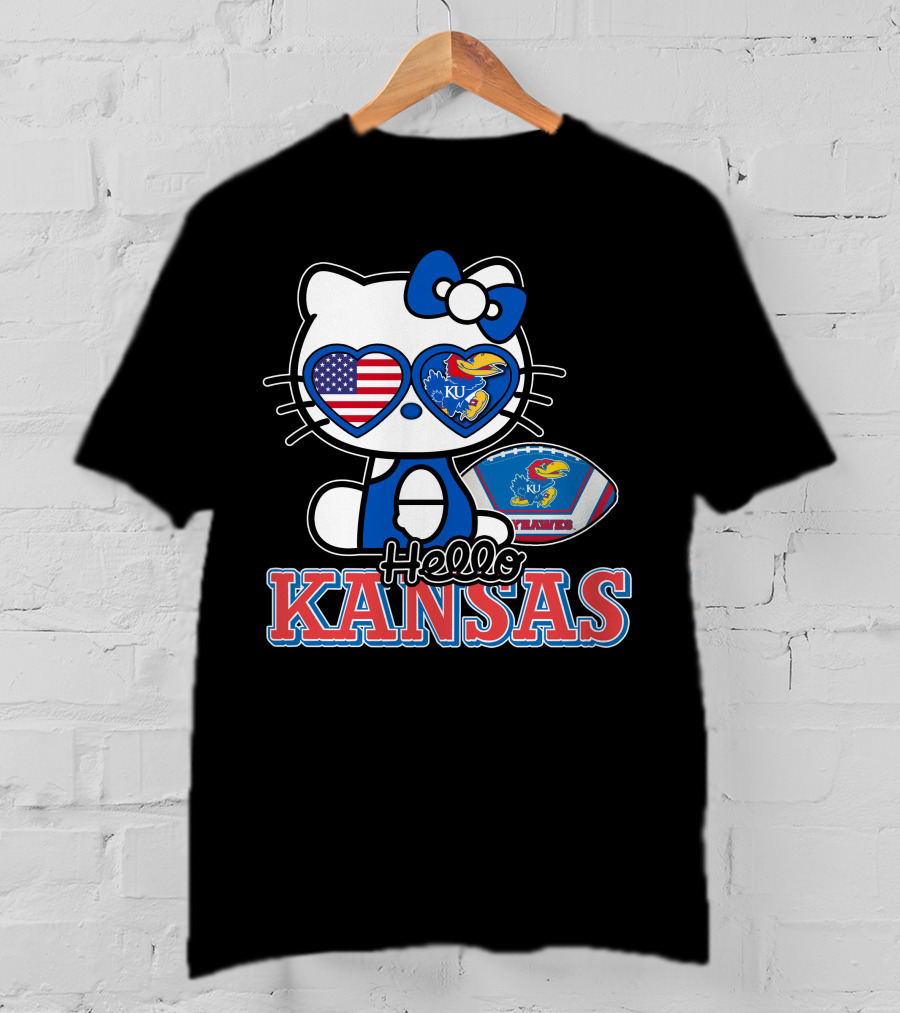 Hello Kitty Kansas Jayhawks KU Football American Flag T-Shirt