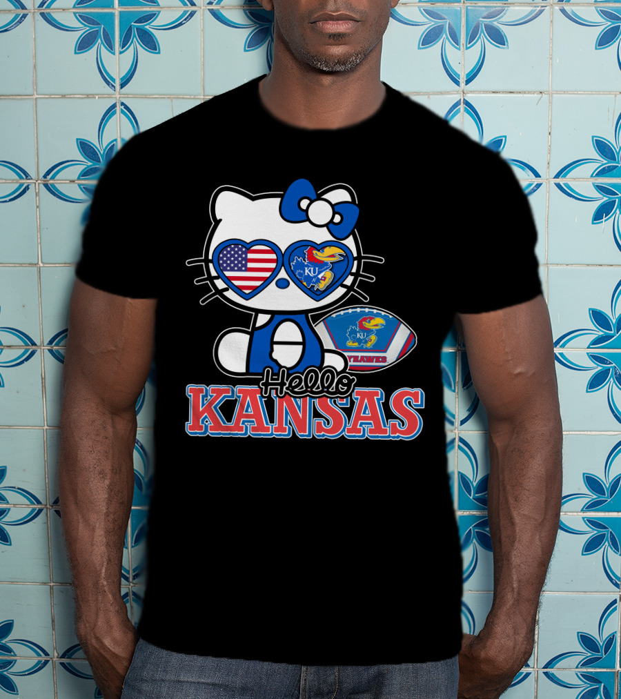 Hello Kitty Kansas Jayhawks KU Football American Flag T-Shirt