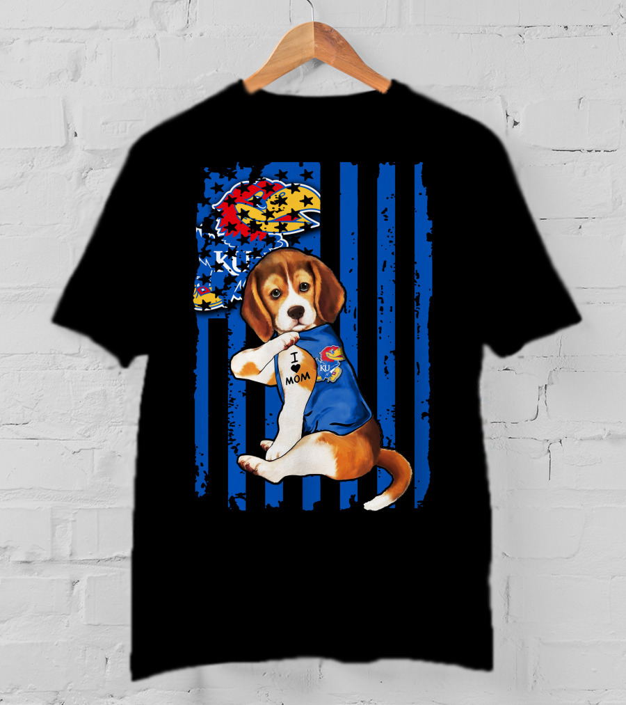 I Love Mom Beagle Wearing Kansas Jayhawks Logo Blue Flag Background T-Shirt