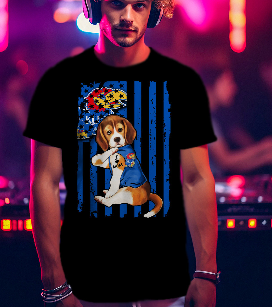 I Love Mom Beagle Wearing Kansas Jayhawks Logo Blue Flag Background T-Shirt