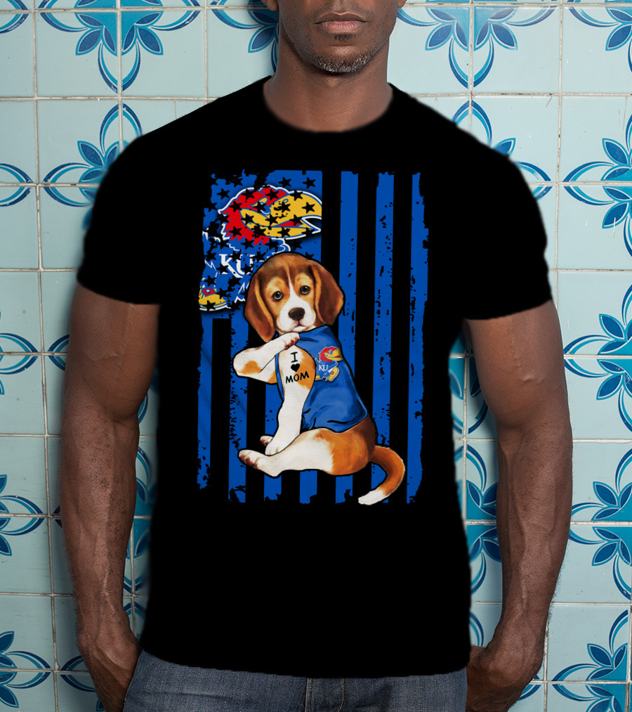 I Love Mom Beagle Wearing Kansas Jayhawks Logo Blue Flag Background T-Shirt