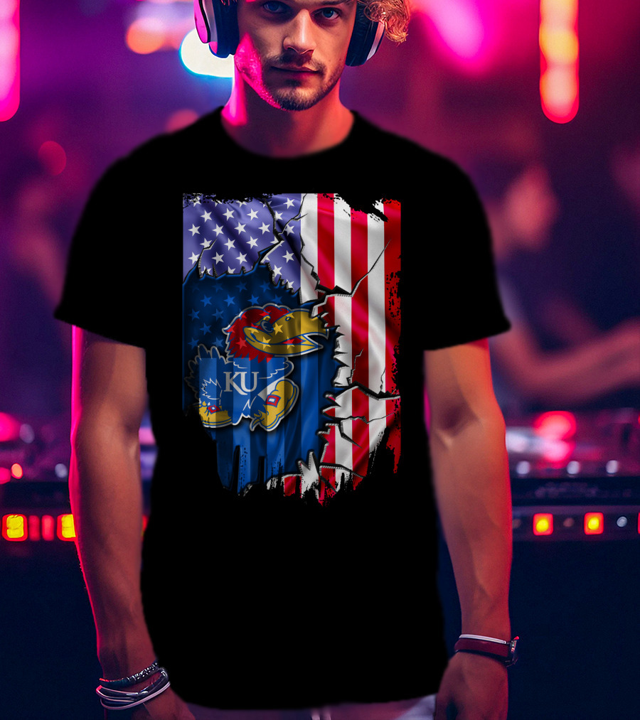 Flag Kansas Jayhawks American USA Torn Design KU T-Shirt