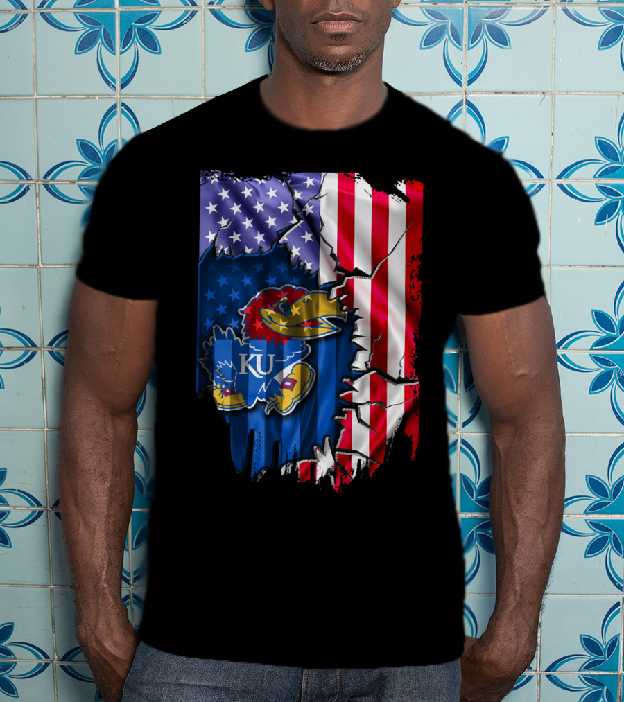 Flag Kansas Jayhawks American USA Torn Design KU T-Shirt