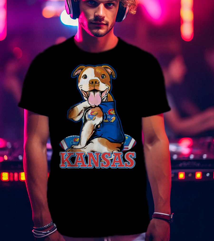 Kansas Pitbull Mascot With Jayhawks Football T-Shirt